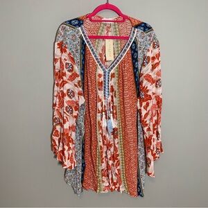 NEW Studio Woman Tunic Top 3X Rust‎ Blue Mixed Print Boho Tassel Bell Sleeve